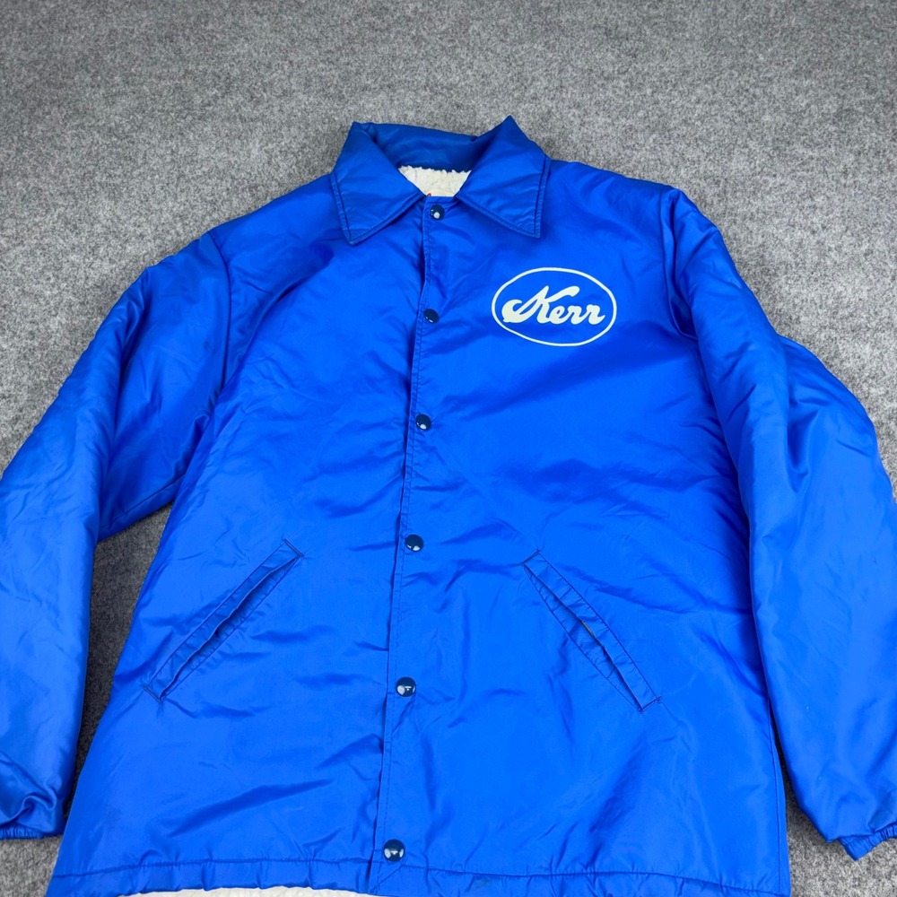 Rennoc Coaches Jacket Mens Medium Blue Vintage Sherpa Lined Nylon Kerr Logo Snap